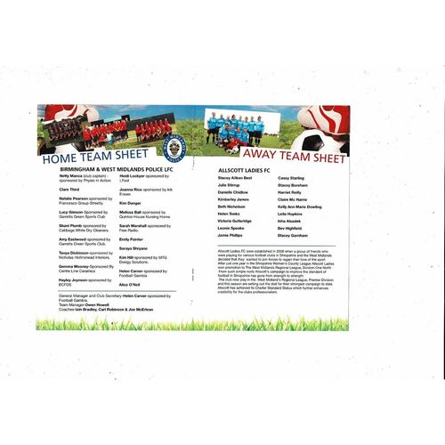 2012 Birmingham & West Mids Police v Allscott Ladies FA Cup Football Programme