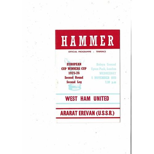 West Ham United v Ararat European Cup Winners Cup Football Programme 1975/76