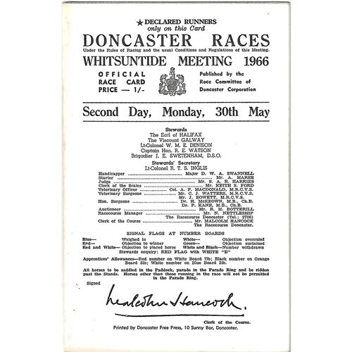 1966 Doncaster Whitsunday Meeting (30/05/1966) Horse Racing Racecard