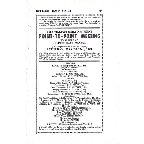 1969 Cottenham Fitzwilliam Point To Point Meeting (22/03/1969) Horse Racing Racecard