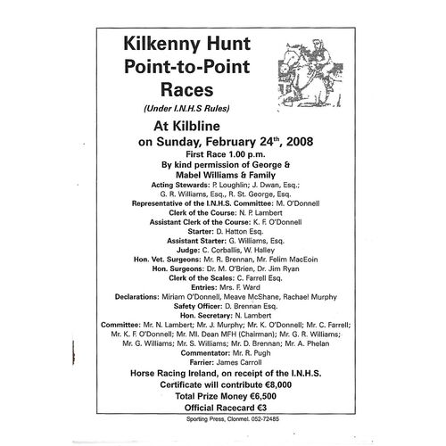 2008 Kilbline Kilkenny Hunt Point To Point Race Meeting (24/02/2008) Horse Racing Racecard