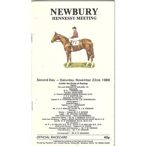 1986 Newbury Hennessey Gold Cup Meeting (22/11/1986) Horse Racing Racecard