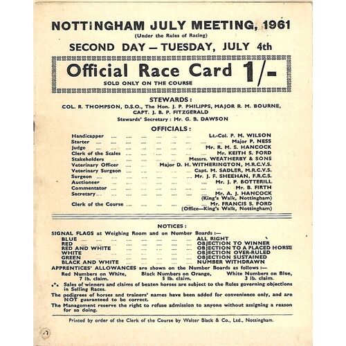 1961 Nottingham July Meeting (04/07/1961) Horse Racing Racecard
