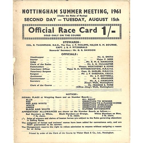 1961 Nottingham Summer Meeting (15/08/1961) Horse Racing Racecard