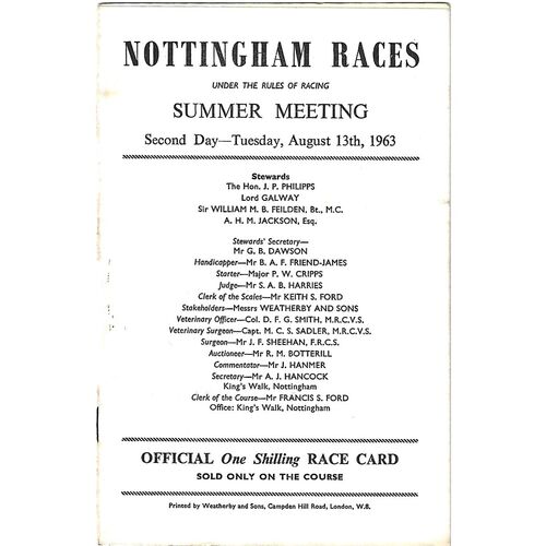 1963 Nottingham Summer Meeting (13/08/1963) Horse Racing Racecard
