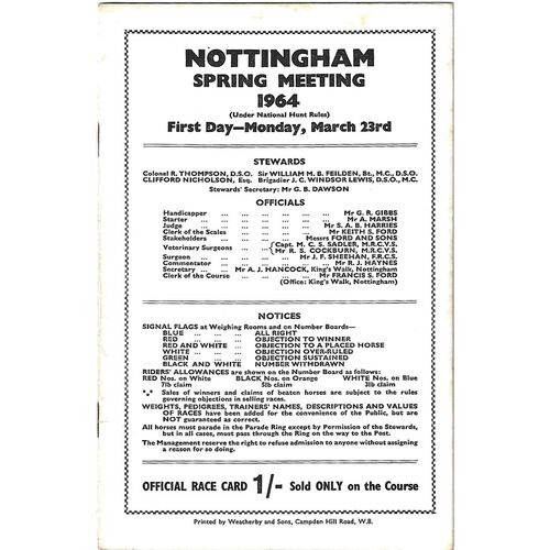 1964 Nottingham Spring Meeting (23/03/1964) Horse Racing Racecard