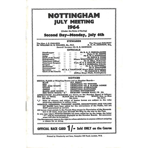 1964 Nottingham July Meeting (06/07/1964) Horse Racing Racecard