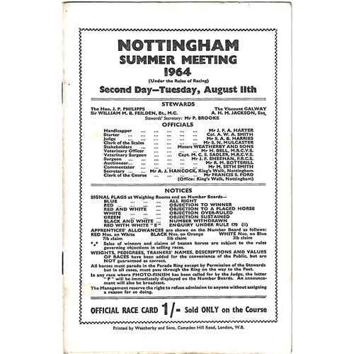 1964 Nottingham Summer Meeting (11/08/1964) Horse Racing Racecard