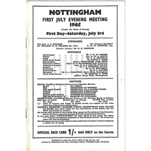 1965 Nottingham First July Evening Meeting (03/07/1965) Horse Racing Racecard