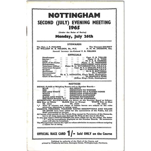 1965 Nottingham Second July Evening Meeting (26/07/1965) Horse Racing Racecard