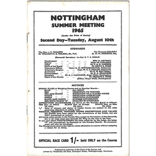 1965 Nottingham Summer Meeting (10/08/1965) Horse Racing Racecard