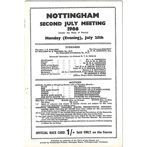 1966 Nottingham Second July Evening Meeting (25/07/1966) Horse Racing Racecard
