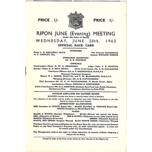 1962 Ripon June Evening Meeting (20/06/1962) Horse Racing Racecard