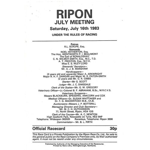 1983 Ripon July Meeting (16/07/1983) Horse Racing Racecard
