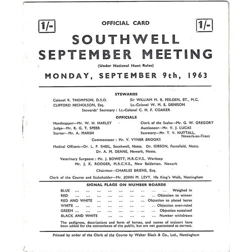 1963 Southwell September Meeting (09/09/1963) Horse Racing Racecard