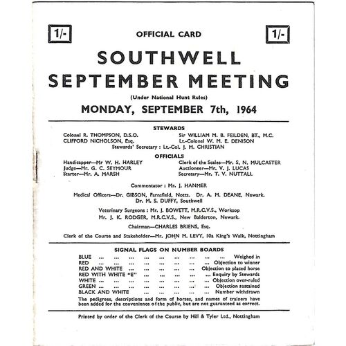 1964 Southwell September Meeting (07/09/1964) Horse Racing Racecard