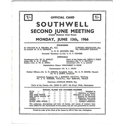 1966 Southwell Second June Meeting (13/06/1966) Horse Racing Racecard