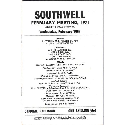 1971 Southwell February Meeting (10/02/1971) Horse Racing Racecard