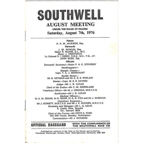 1976 Southwell August Meeting (07/08/1976) Horse Racing Racecard
