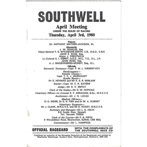 Southwell Horse Racing Racecards/Programmes