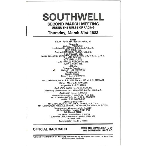 1983 Southwell Second March Meeting (31/03/1983) Horse Racing Racecard
