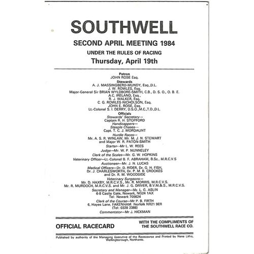 1984 Southwell April Meeting (19/04/1984) Horse Racing Racecard