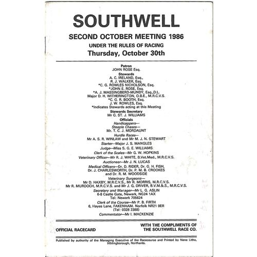 1986 Southwell Second October Meeting (30/10/1986) Horse Racing Racecard