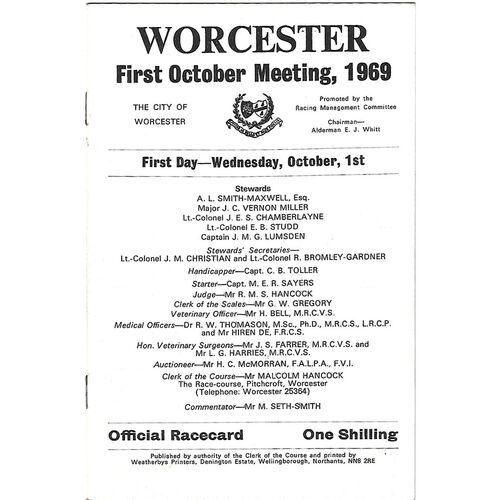 1969 Worcester First October Race Meeting (01/10/1969) Horse Racing Racecard