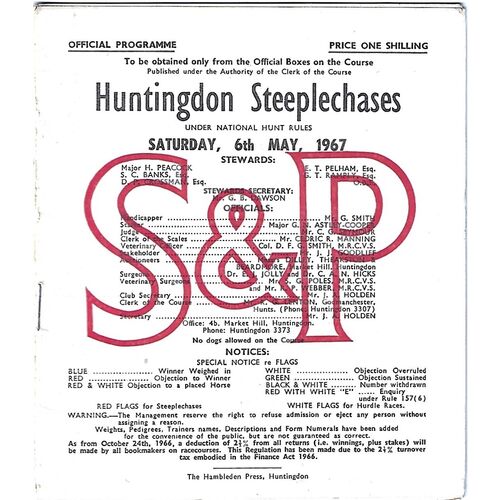 1967 Huntingdon Race Meeting (06/05/1967) Horse Racing Racecard