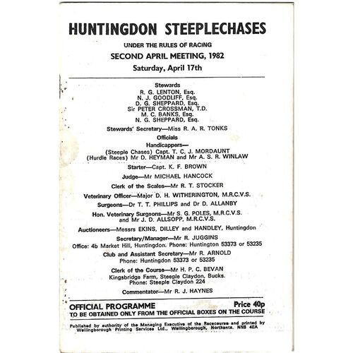 1982 Huntingdon Second April Race Meeting (17/04/1982) Horse Racing Racecard