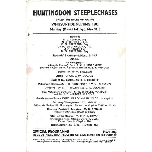 1982 Huntingdon Whitsunday Race Meeting (31/05/1982) Horse Racing Racecard
