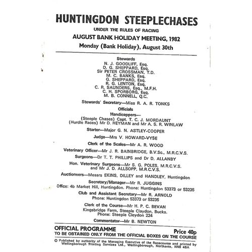 1982 Huntingdon August Bank Holiday Race Meeting (30/08/1982) Horse Racing Racecard
