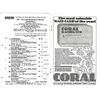 1982 Huntingdon August Bank Holiday Race Meeting (30/08/1982) Horse Racing Racecard