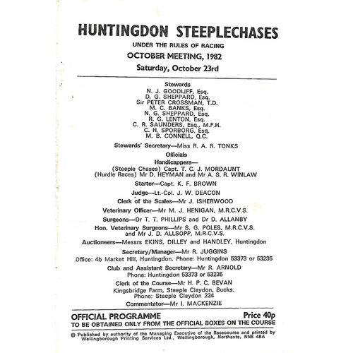 1982 Huntingdon October Race Meeting (23/10/1982) Horse Racing Racecard