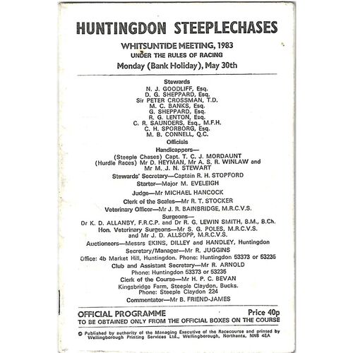 1983 Huntingdon Whitsunday Race Meeting (30/05/1983) Horse Racing Racecard