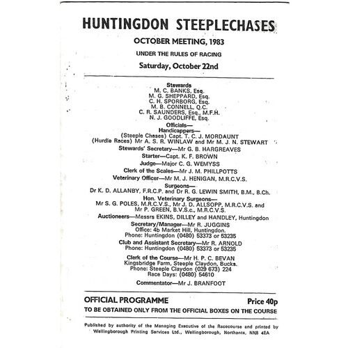 1983 Huntingdon October Race Meeting (22/10/1983) Horse Racing Racecard