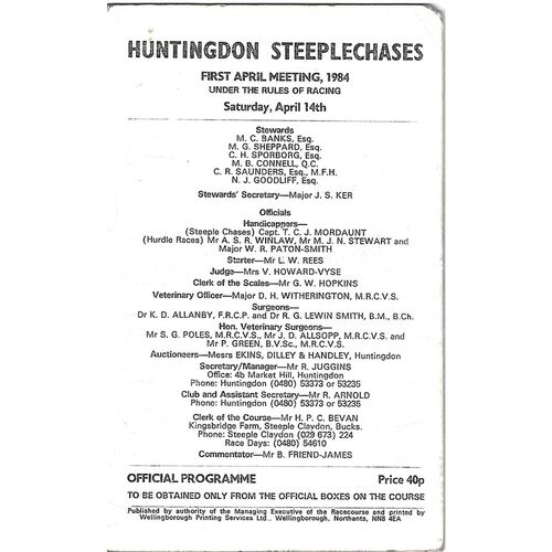 1984 Huntingdon First April Race Meeting (14/04/1984) Horse Racing Racecard