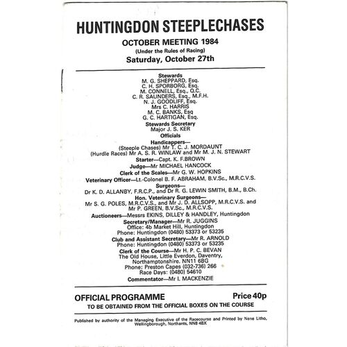 1984 Huntingdon October Race Meeting (27/10/1984) Horse Racing Racecard