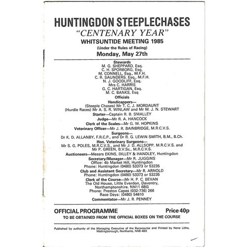 1985 Huntingdon Whitsunday Race Meeting (27/05/1985) Horse Racing Racecard