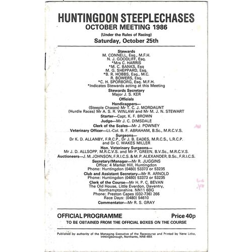 1986 Huntingdon October Meeting (25/10/1986) Horse Racing Racecard