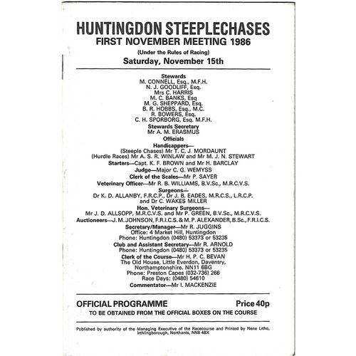 1986 Huntingdon First November Meeting (15/11/1986) Horse Racing Racecard
