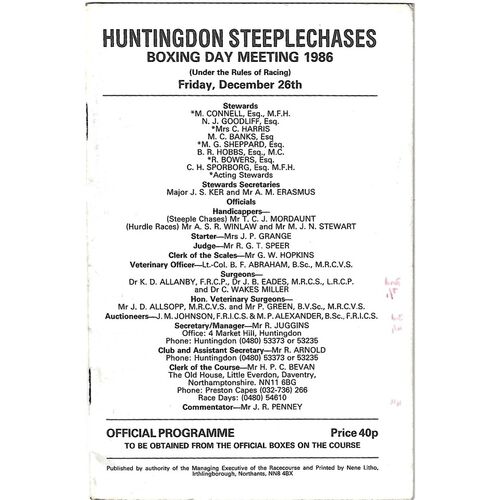 1986 Huntingdon Boxing Day Meeting (26/12/1986) Horse Racing Racecard