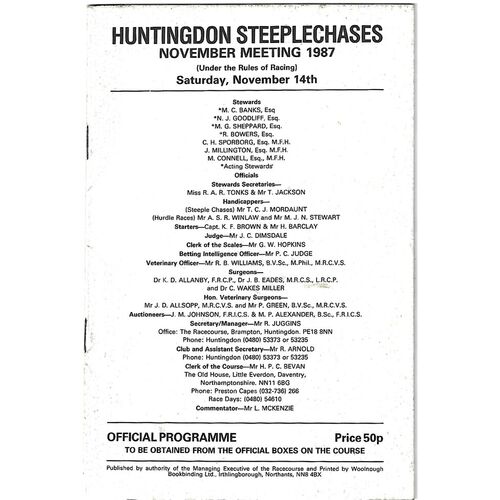 1987 Huntingdon November Race Meeting (14/11/1987) Horse Racing Racecard