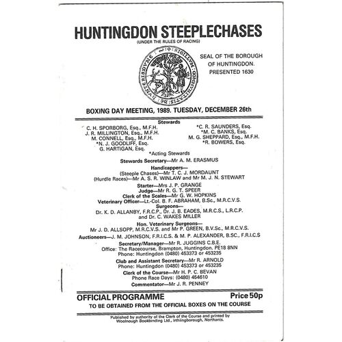 1989 Huntingdon Boxing Day Race Meeting (26/12/1989) Horse Racing Racecard