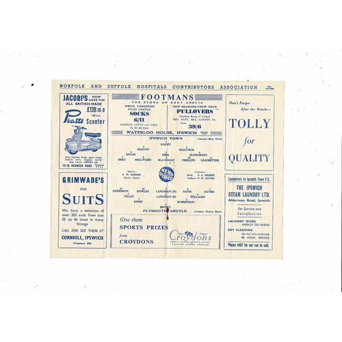 1956/57 Ipswich Town v Plymouth Argyle Football Programme