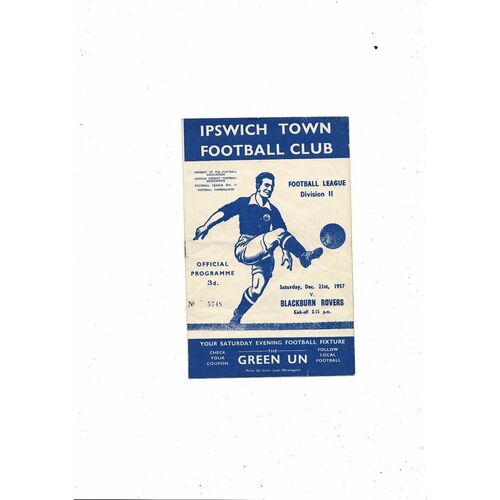 1957/58 Ipswich Town v Blackburn Rovers Football Programme