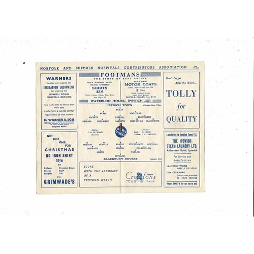 1957/58 Ipswich Town v Blackburn Rovers Football Programme
