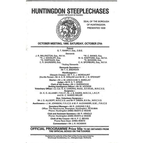 1990 Huntingdon October Race Meeting (27/10/1990) Horse Racing Racecard