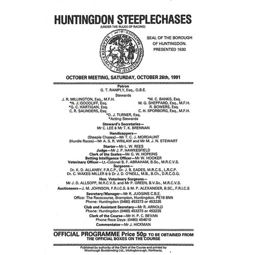 1991 Huntingdon October Race Meeting (26/10/1991) Horse Racing Racecard