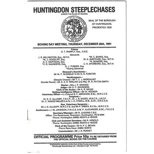 1991 Huntingdon Boxing Day Race Meeting (26/12/1991) Horse Racing Racecard